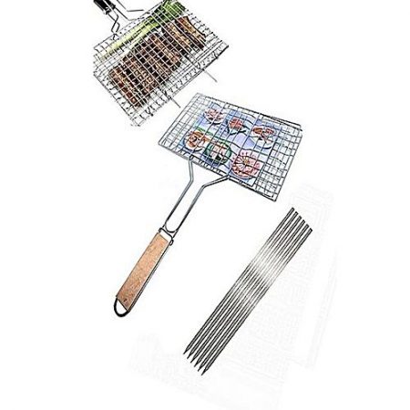 AA Enterprise Pack Of 7 6 Bbq Skewers &1 Bbq Stainless Steel Hand Grill Large