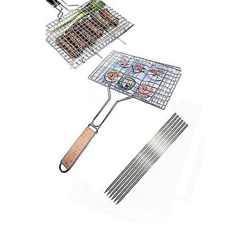 exdeals pk Pack Of 7 6 Bbq Skewers &1 Bbq Stainless Steel Hand Grill Large