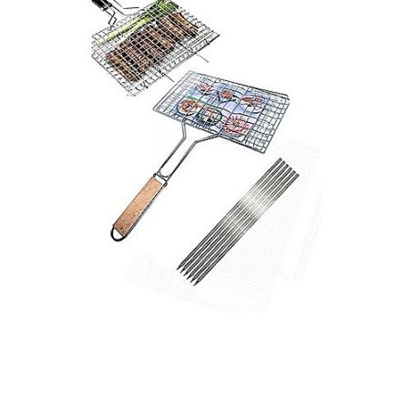 Saweras Pack Of 7 6 Bbq Skewers &1 Bbq Stainless Steel Hand Grill Large