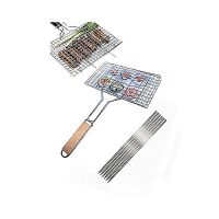 super bazar Pack Of 7 6 Bbq Skewers &1 Bbq Stainless Steel Hand Grill Large