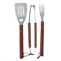 Gardenia BBQ Tool Set with Wooden Handle - 3pcs - Brown & Silver ha268