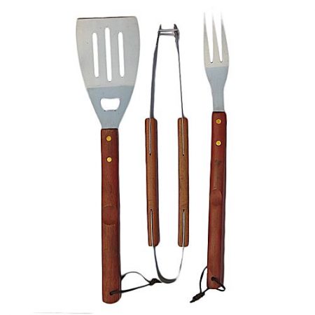 Gardenia BBQ Tool Set with Wooden Handle - 3pcs - Brown & Silver ha268