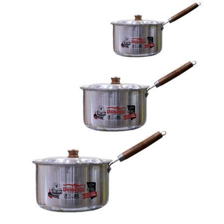 Domestic D-22A Sauce Pan With Lid Wooden Handle 3 Pcs Set